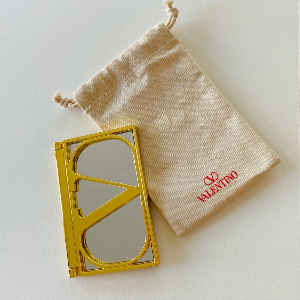 Brand New Valentino Beauty Gold V-Logo Travel Compact Makeup Mirror With Pouch